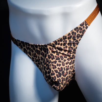 Men's leopard print thong underwear, classic cut, front view.