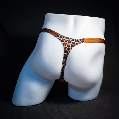 Men's leopard print thong underwear, classic cut, rear view.
