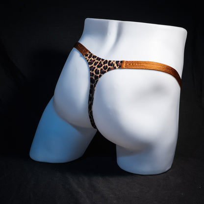 Men's leopard print thong underwear, classic cut, rear view.