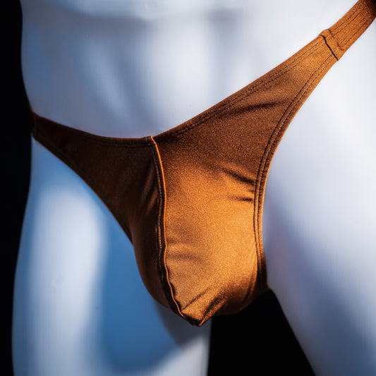 Men's solid brown spandex thong underwear, classic cut, front view.