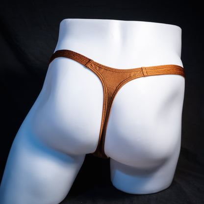 Men's solid brown spandex thong underwear, classic cut, rear view.
