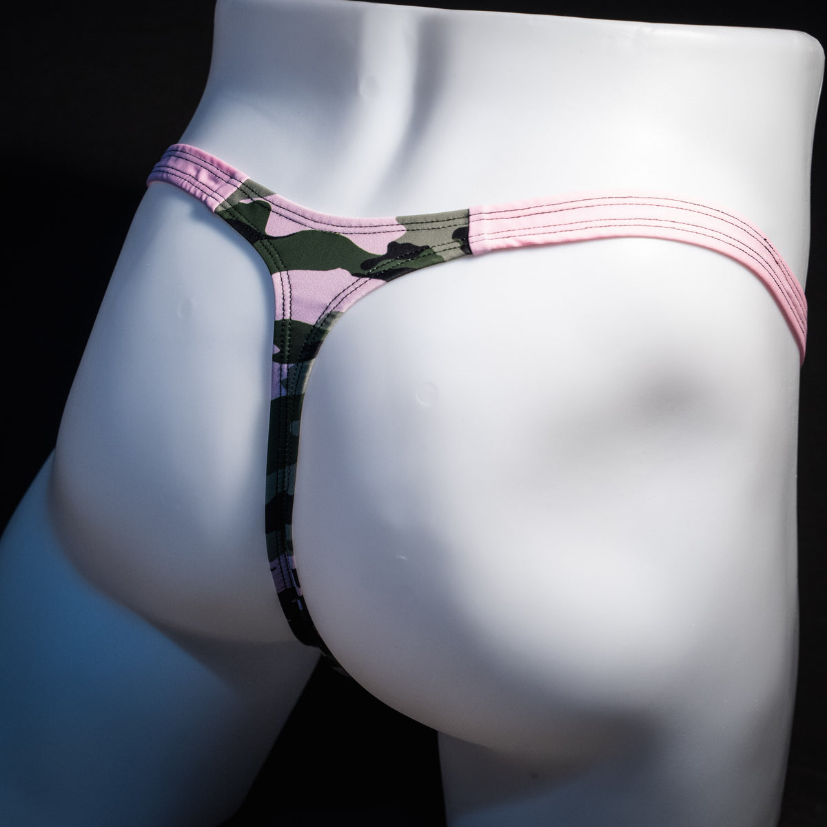 Men's camo and pink thong underwear, classic cut, rear view.