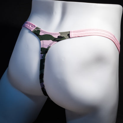 Men's camo and pink thong underwear, classic cut, rear view.