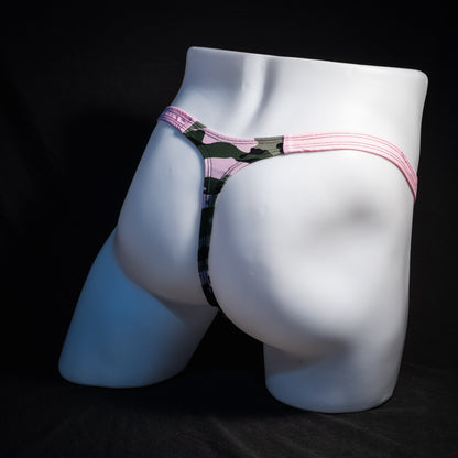 Men's camo and pink thong underwear, classic cut, rear view.