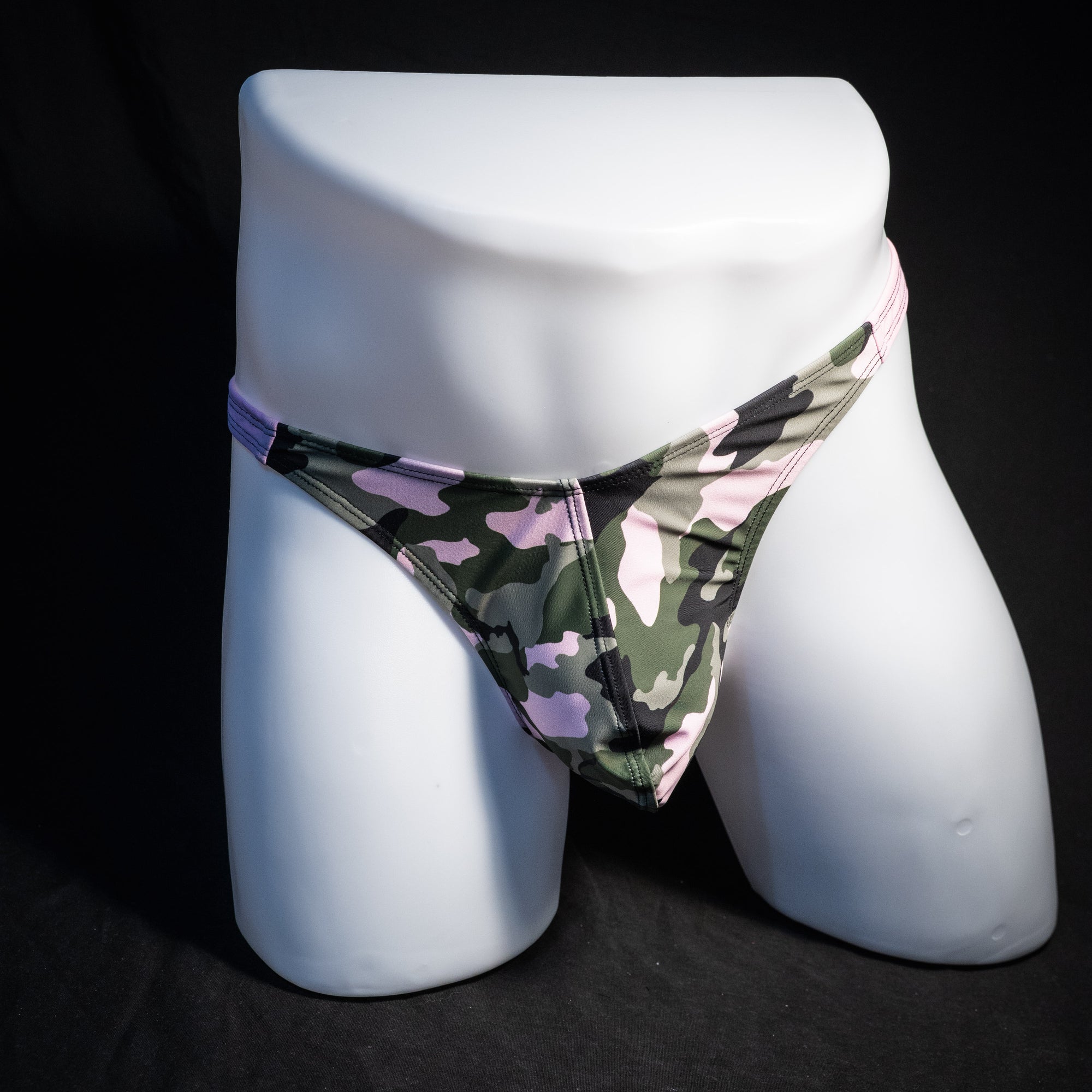 Men's camo and pink thong underwear, classic cut, front view.