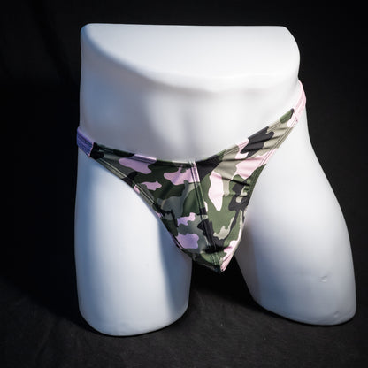 Men's camo and pink thong underwear, classic cut, front view.