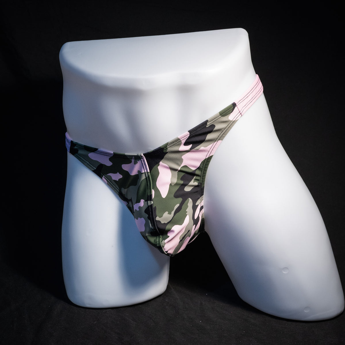 Men's camo and pink thong underwear, classic cut, front view.