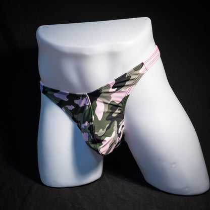 Men's camo and pink thong underwear, classic cut, front view.