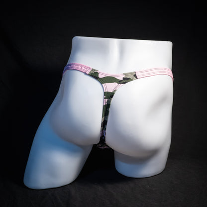 Men's camo and pink thong underwear, classic cut, rear view.