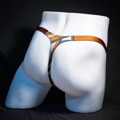 Men's brown and tan thong underwear, classic cut, rear view.