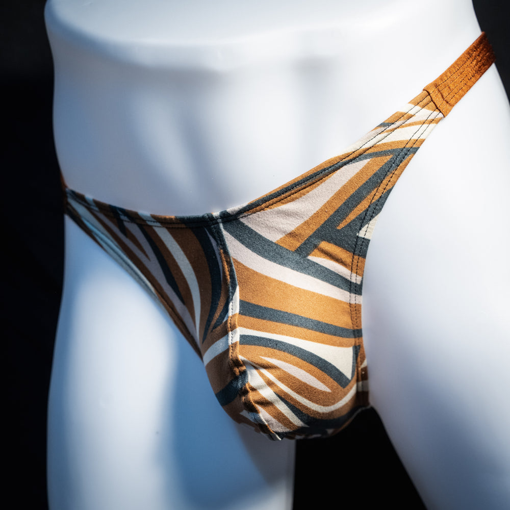 Men's brown and tan thong underwear, classic cut, front view.