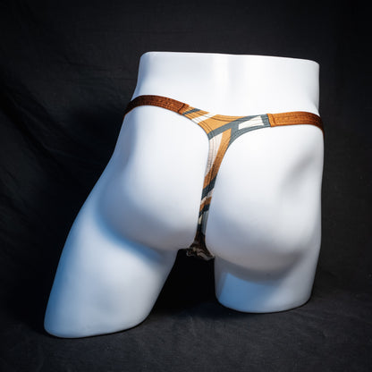 Men's brown and tan thong underwear, classic cut, rear view.