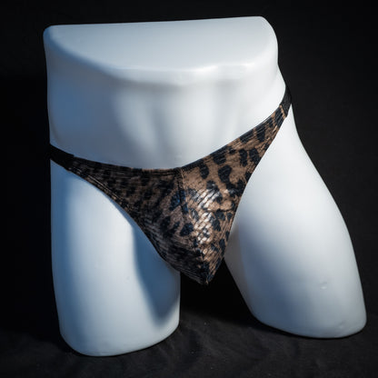 Men's cheetah print mesh thong underwear, classic cut, front view.