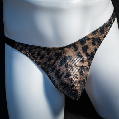 Men's cheetah print mesh thong underwear, classic cut, front view.