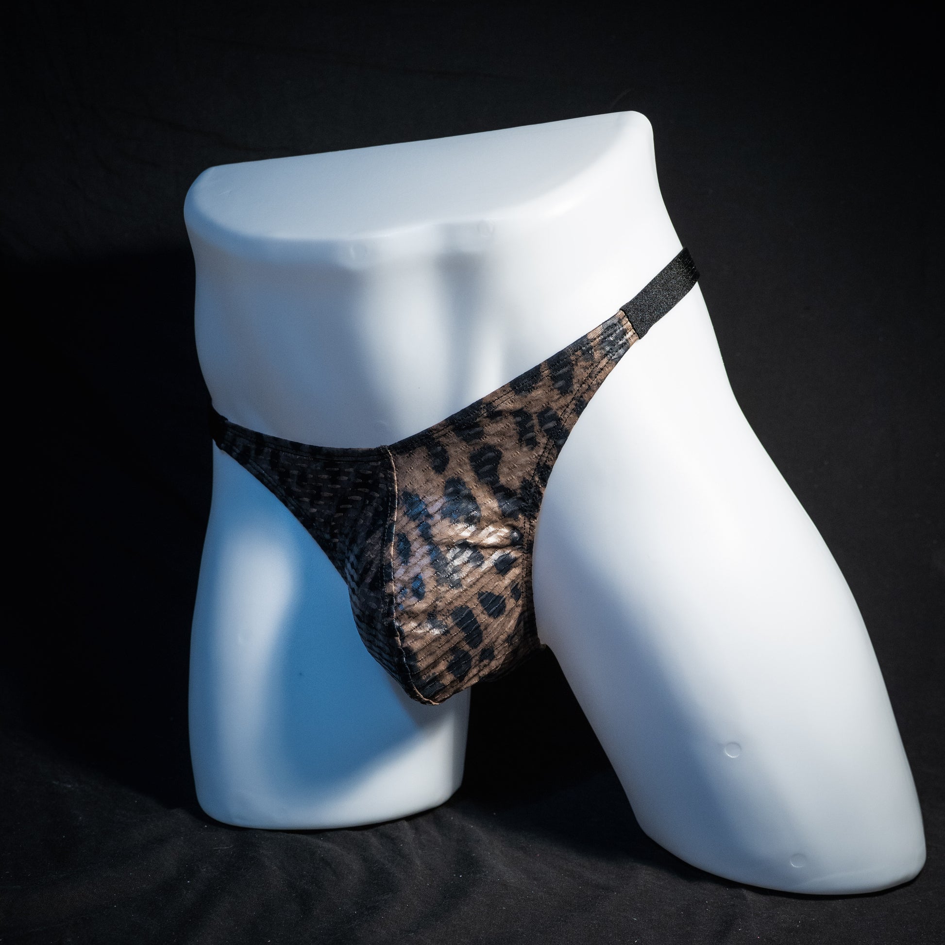 Men's cheetah print mesh thong underwear, classic cut, front view.