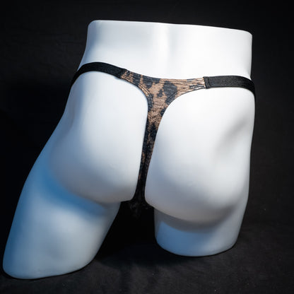 Men's cheetah print mesh thong underwear, classic cut, rear view.