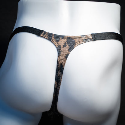 Men's cheetah print mesh thong underwear, classic cut, rear view.
