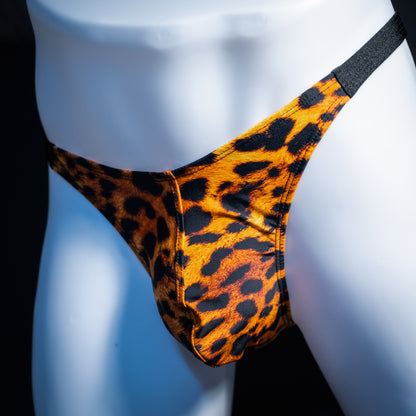 Men's cheetah print thong underwear, classic cut, front view.