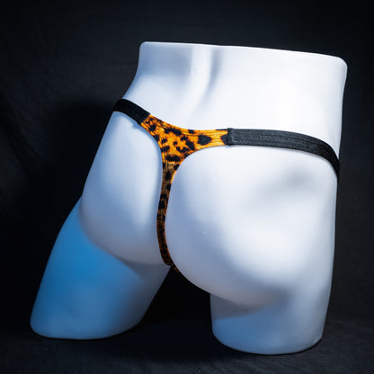 Men's cheetah print thong underwear, classic cut, rear view.