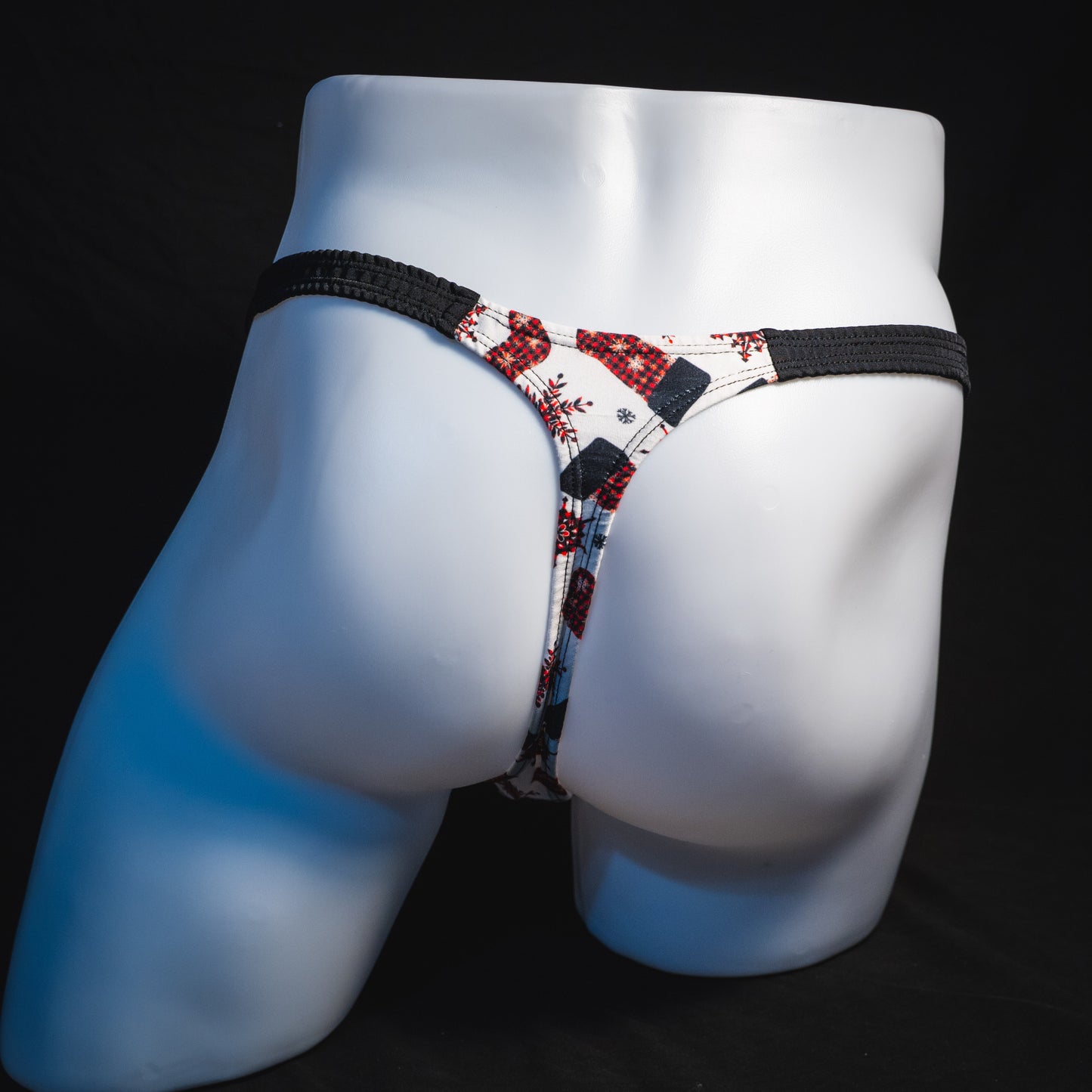 Men's Christmas stockings thong underwear, classic cut, full rear view.