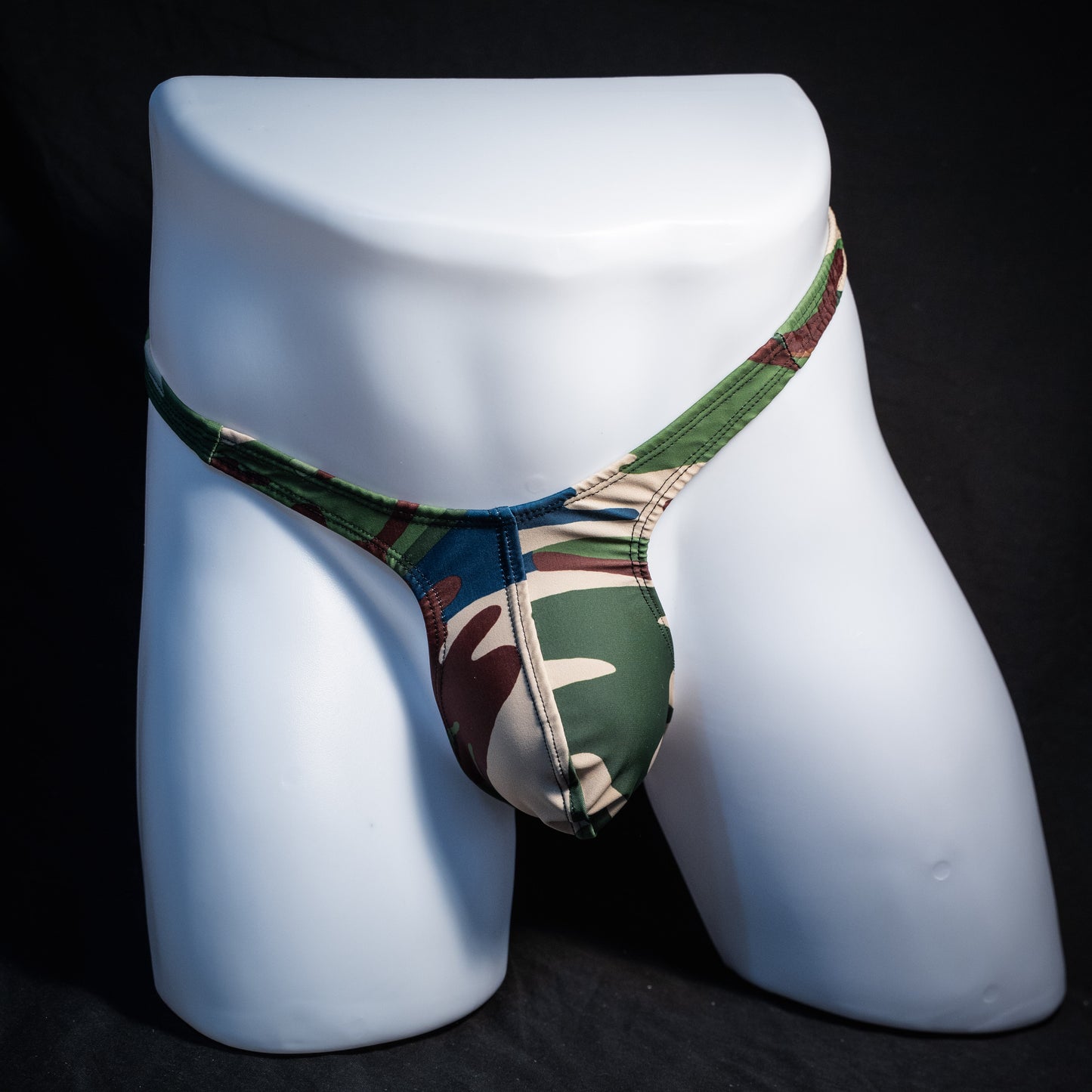 Men's classic army camo thong underwear, tower cut, front view.