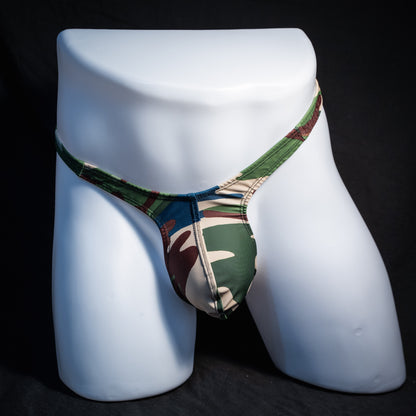 Men's classic army camo thong underwear, tower cut, front view.