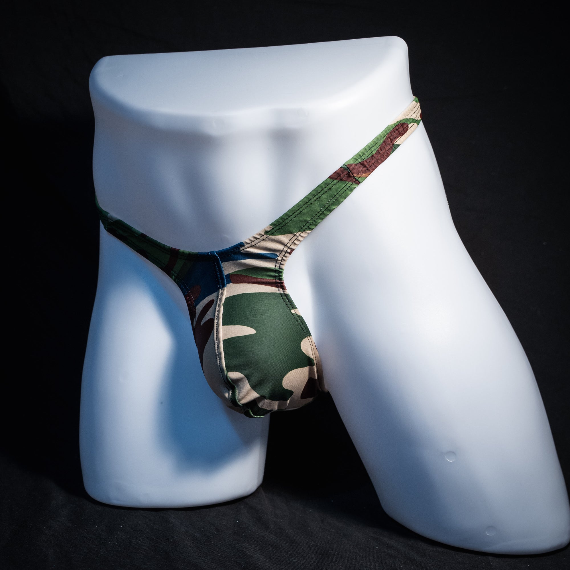 Men's classic army camo thong underwear, tower cut, front view.