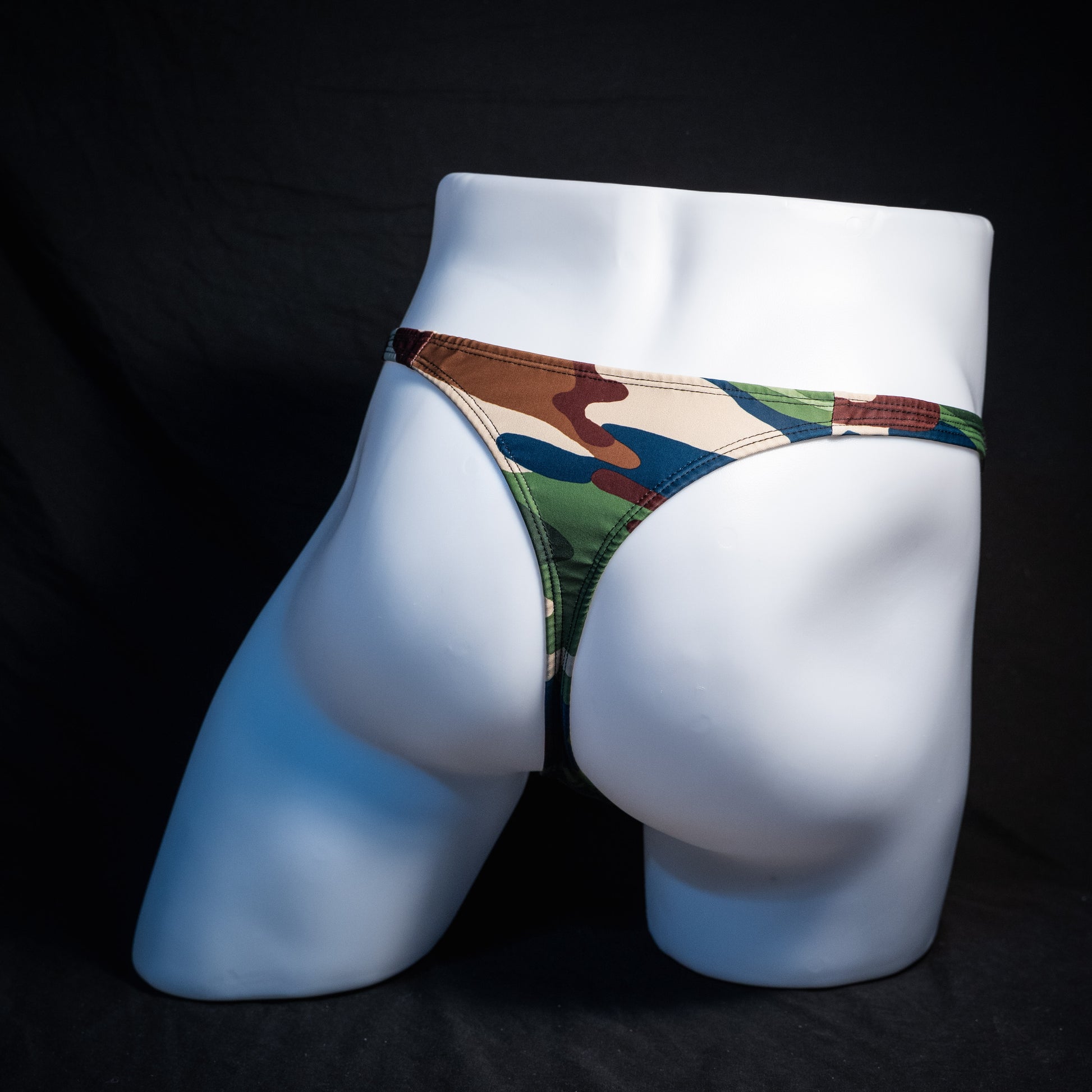 Men's classic army camo thong underwear, tower cut, rear view.