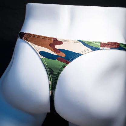 Men's classic army camo thong underwear, tower cut, rear view.