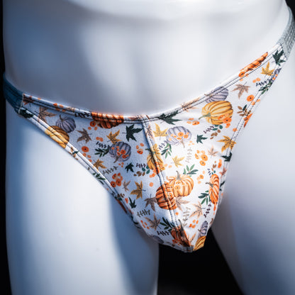 Men's autumn themed thong underwear, classic cut, front view.