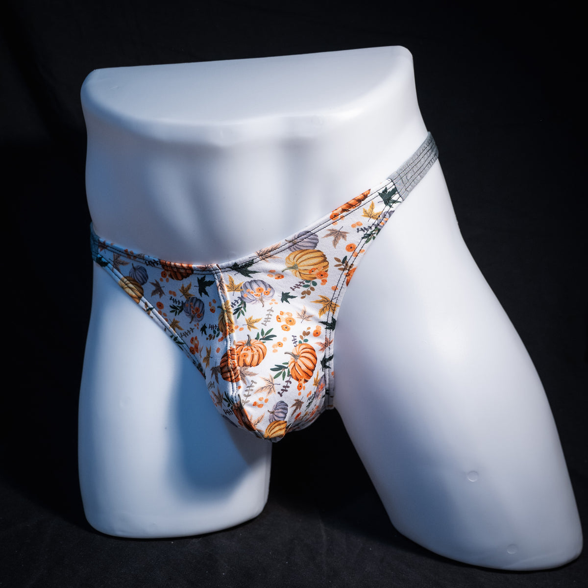 Men's autumn themed thong underwear, classic cut, front view.