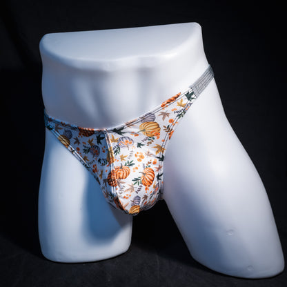 Men's autumn themed thong underwear, classic cut, front view.