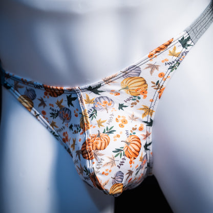 Men's autumn themed thong underwear, classic cut, front view.