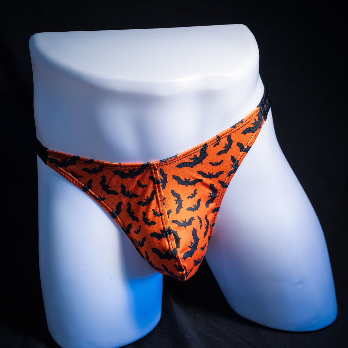 Men's classic Halloween bats thong underwear, classic cut, front view.