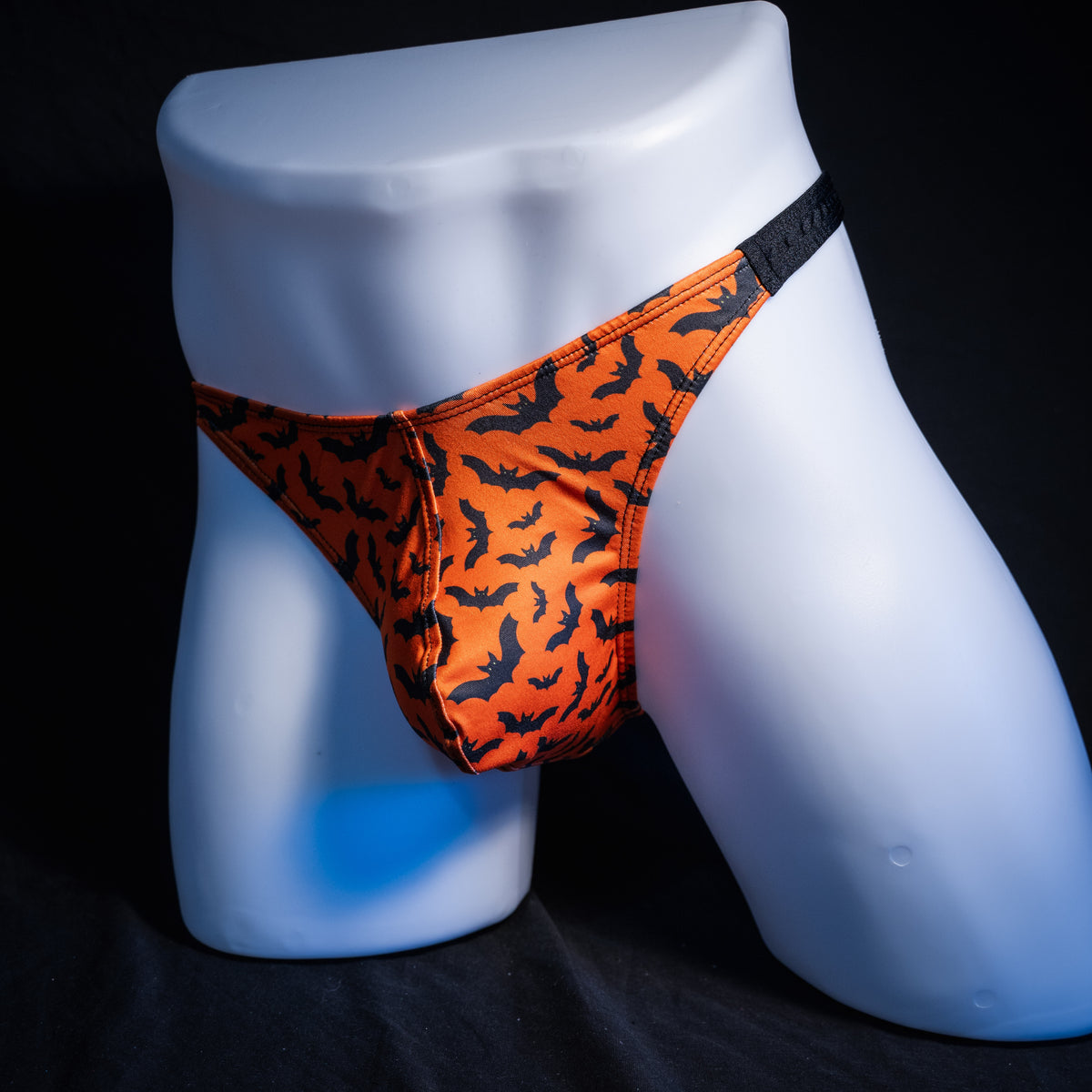 Men's classic Halloween bats thong underwear, classic cut, front view.