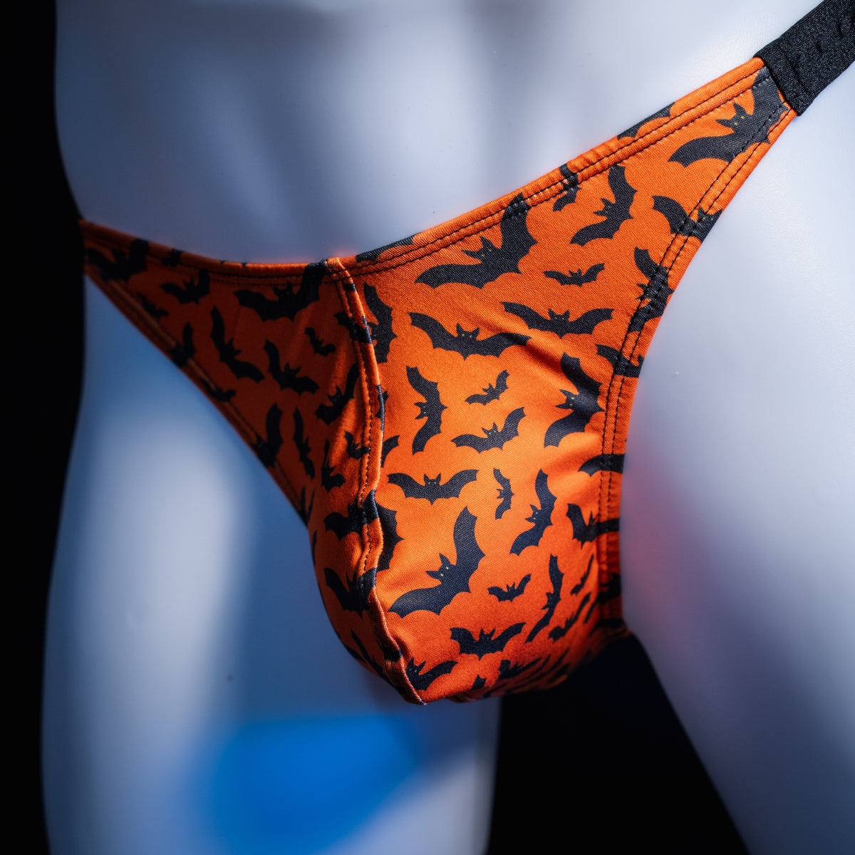 Men's classic Halloween bats thong underwear, classic cut, front view.