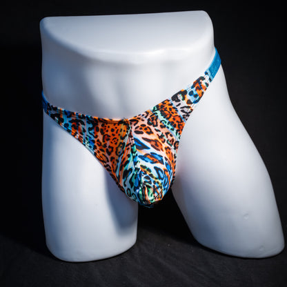 Men's colorful leopard thong underwear, classic cut, front view.