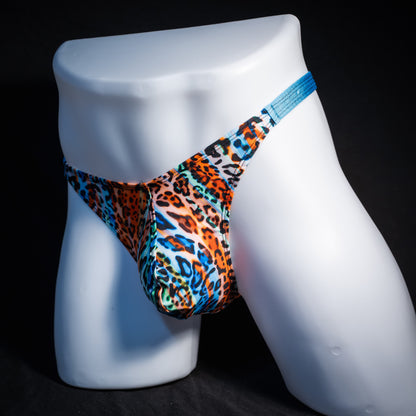 Men's colorful leopard thong underwear, classic cut, front view.