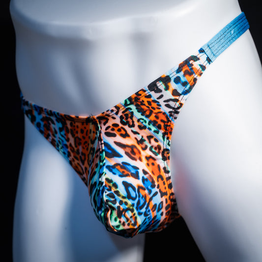 Men's colorful leopard thong underwear, classic cut, front view.