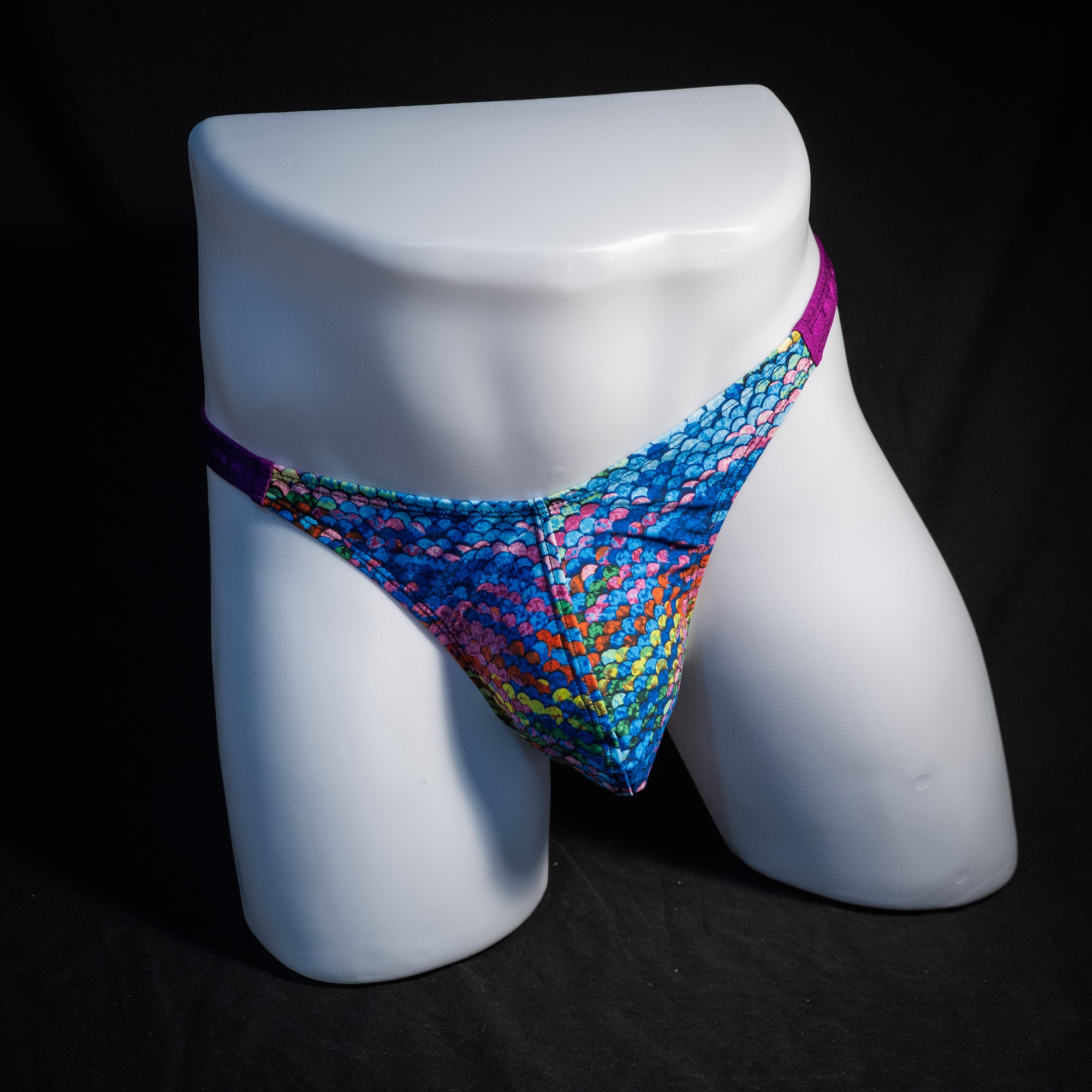 Men's rainbow scale thong underwear, classic cut, Front view