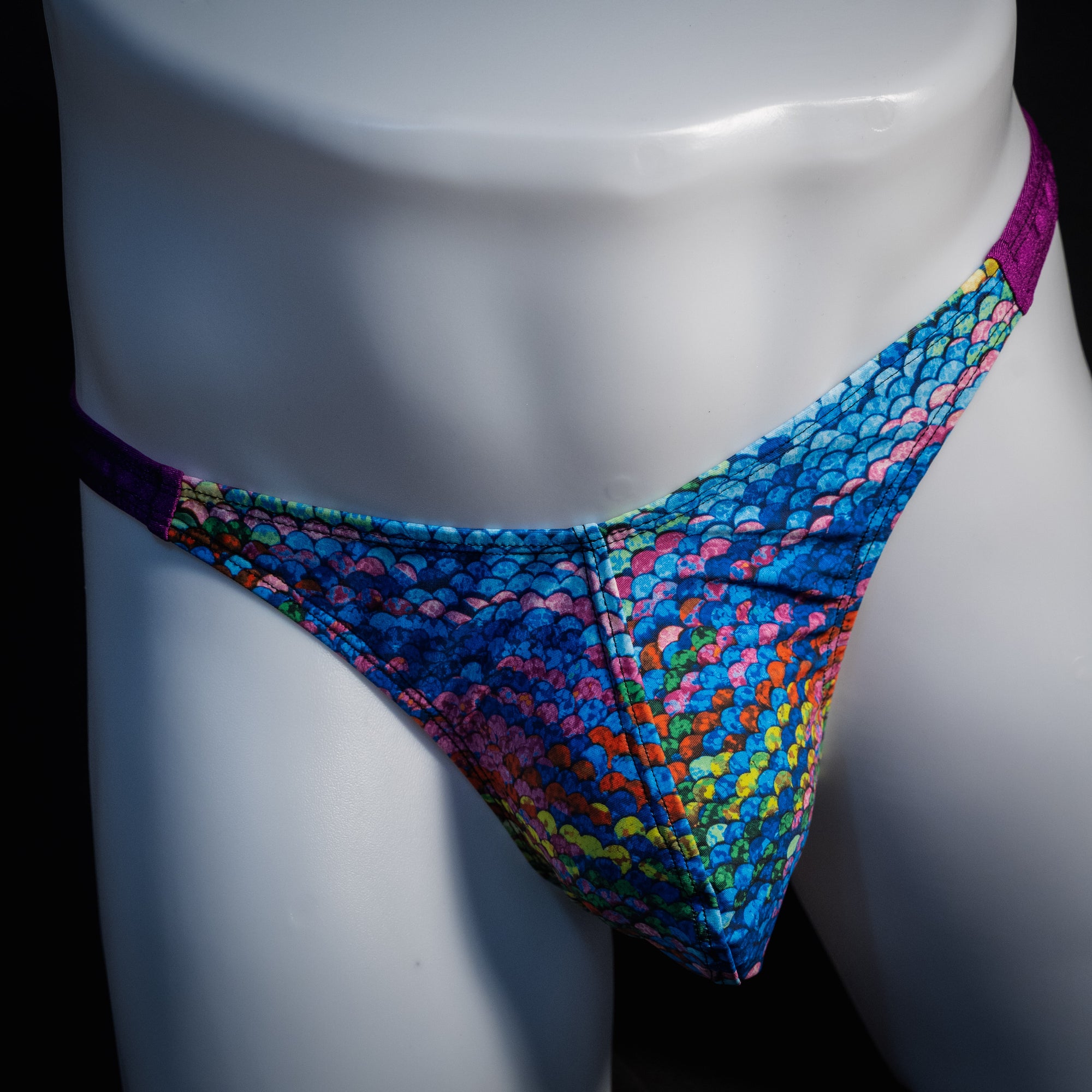 Men's rainbow scale thong underwear, classic cut, Front view
