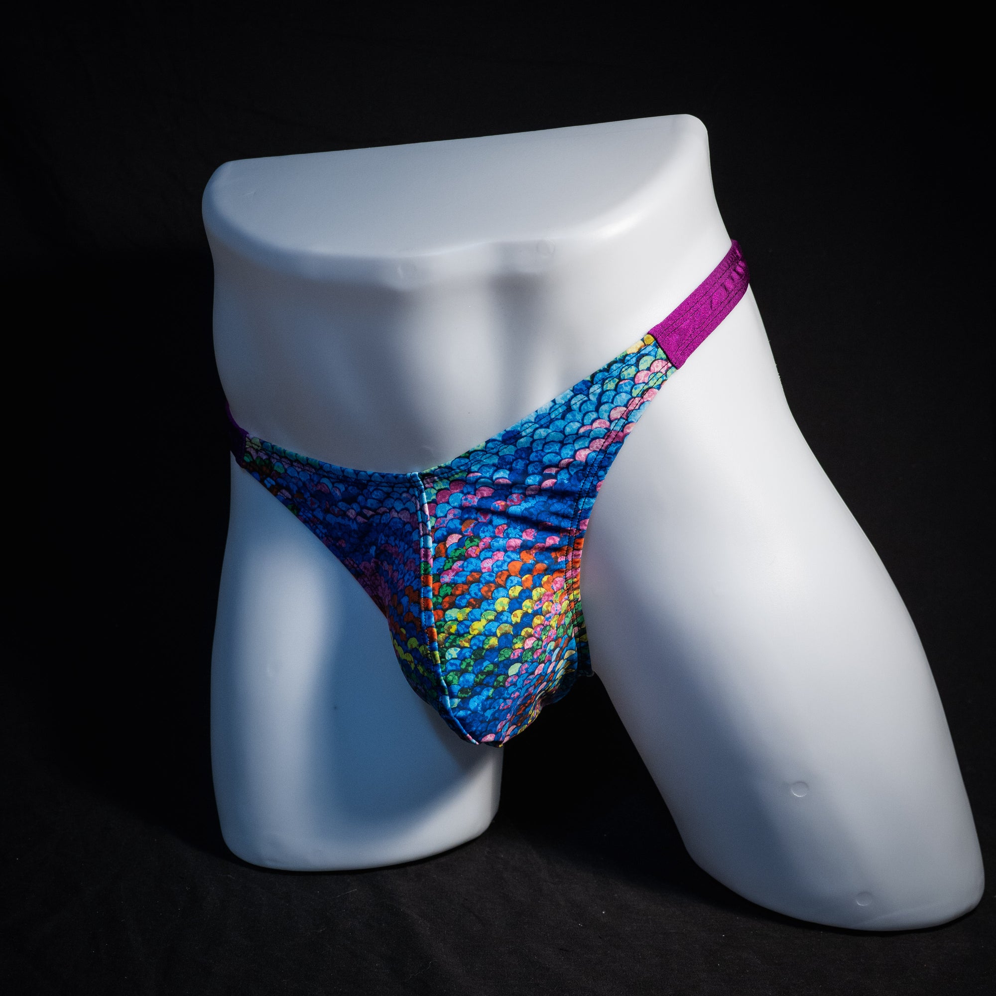 Men's rainbow scale thong underwear, classic cut, front view