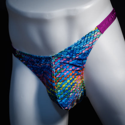 Men's rainbow scale thong underwear, classic cut, Front view