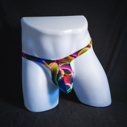 Men's colorful thong underwear, tower cut, full front view.