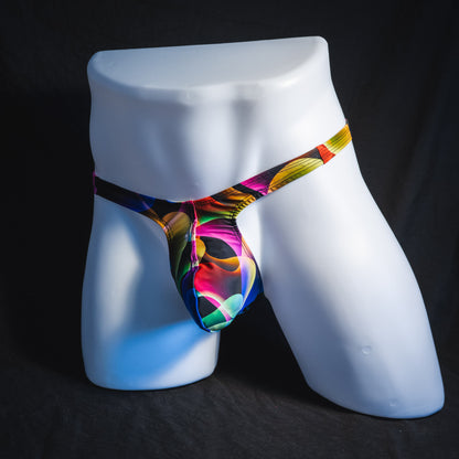 Men's colorful thong underwear, tower cut, full angled front view.