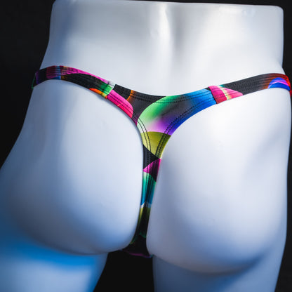 Men's colorful thong underwear, tower cut, rear view.