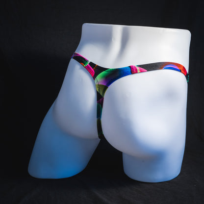 Men's colorful thong underwear, tower cut, full rear view.