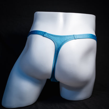 Men's columbia blue thong underwear, classic cut, rear view.