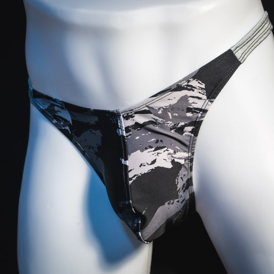 Men's concrete shapes thong underwear, classic cut, angled front view.