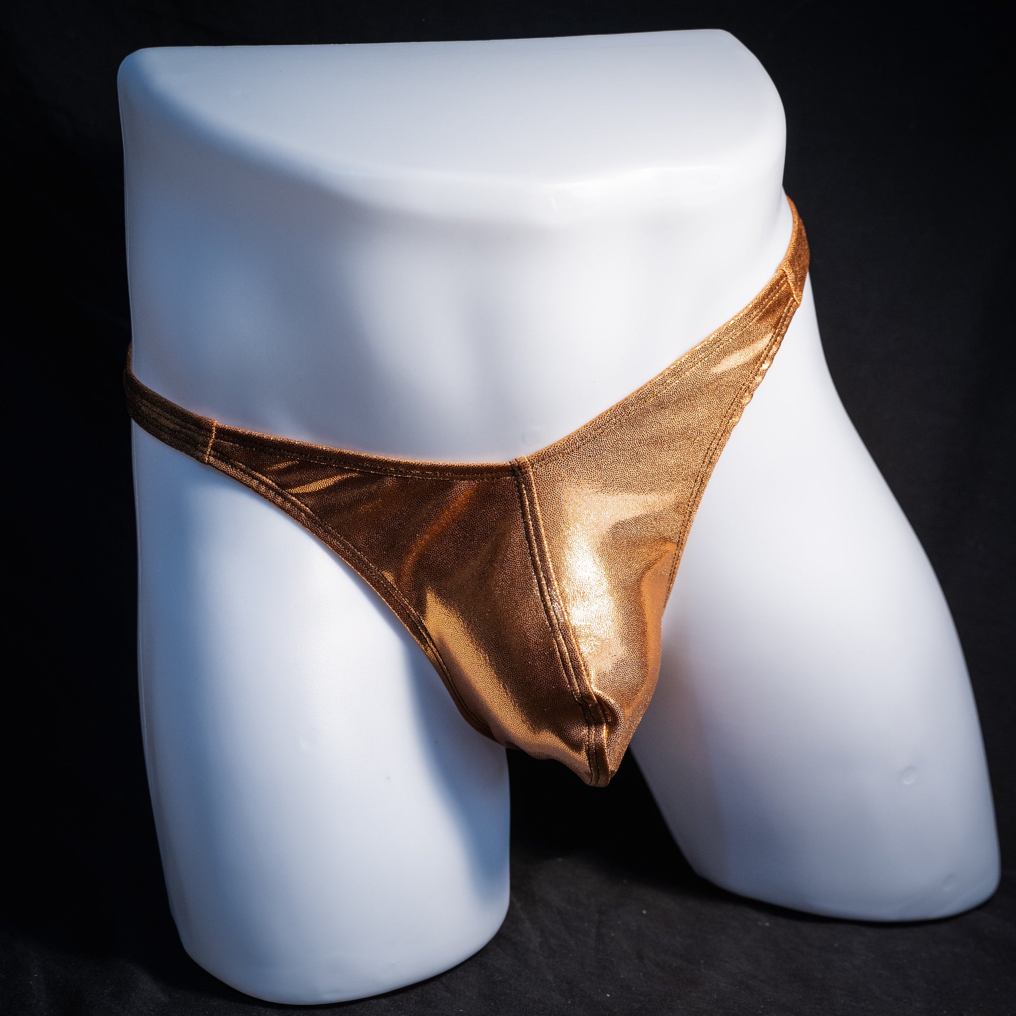 Men's metallic copper thong underwear, classic cut, front view.